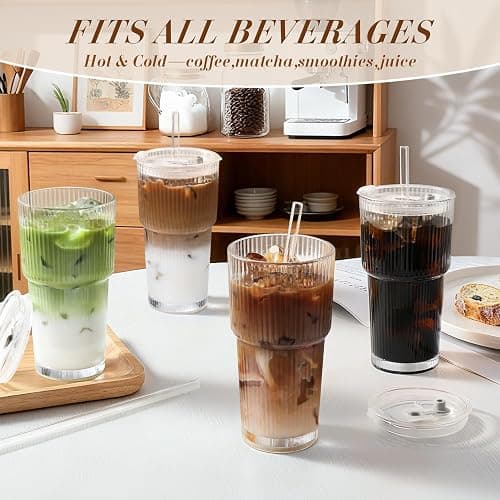 Iced Coffee Cups with Lids: Coffee Bar Accessories - Ribbed Glass Tumbler with Straw and Lid 4Pcs - 20oz Leak Proof Tumbler - Reusable Glass Cups and Tumblers with Lid and Straws for To Go Iced Coffee thumbnail 2