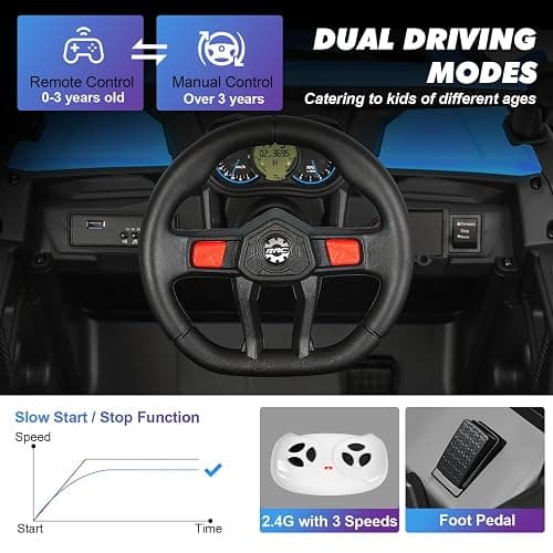 JOYLDIAS 4WD Ride On Car, 12V Battery Powered Electric Off-Road UTV for Kids, 4X4 Electric Vehicle with 4 Powerful Engines, 2.4G Remote Control, Music, Bluetooth, LED Lights for Boys and Girls, Blue thumbnail 4