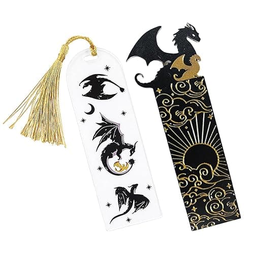 Pack of 2 Black Gold Dragon Bookmarks, Double-Sided Pattern, Cool Acrylic with Cloud and Sun Engraving, Reading Gift