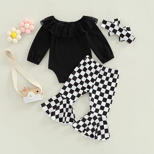 SAYOO Newborn Baby Girl Clothes Infant Rib Frill Long Sleeve Romper Floral Flared Pants Headband 3pcs Fall Winter Outfits thumbnail 2
