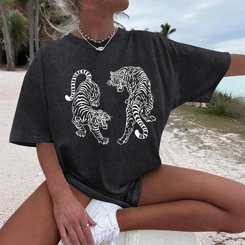 Weetiotio Tiger Graphic Tees Shirt for Women Oversized Streetwear Shirts Acid Wash Tshirt Tigers Print Cotton Summer Tops thumbnail 2