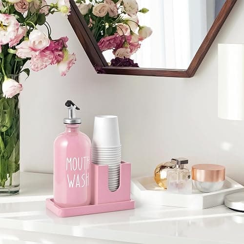 Glass Mouthwash Dispenser for Bathroom, 16 OZ Mouthwash Dispenser with Pour Spout and Wood Cup Holder and Tray, Mouth Wash Bottle Container, Farmhouse Kitchen Bathroom Decor and Accessories, Pink thumbnail 7