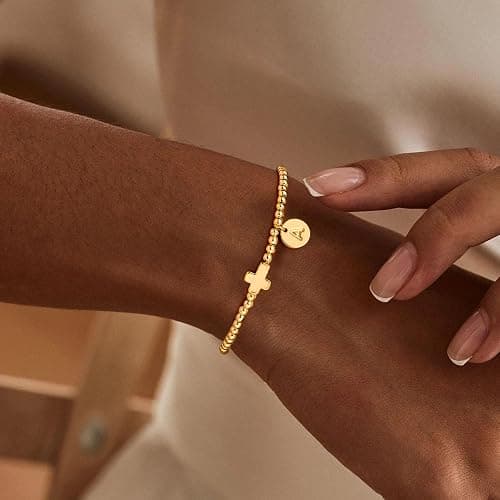 M MOOHAM Christmas Stocking Stuffers - Initial Bracelets for Women, Cross Bracelet for Womens Letter A-Z Cross Bracelet Gold Beaded Bracelets Dainty Small Jewelry, Religious Christian Gifts for Women thumbnail 2