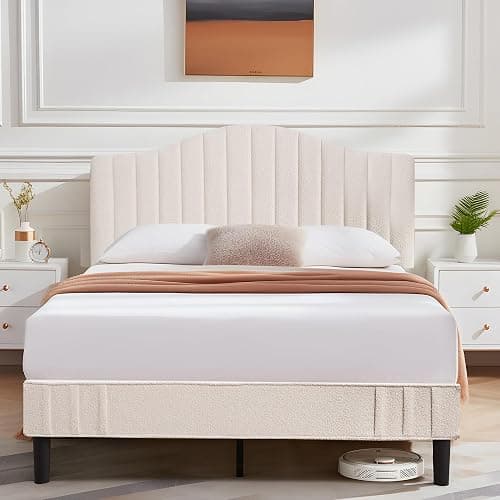 VECELO Full Size Beds Upholstered Platform Bed Frame with Height-Adjustable Teddy Fabric Headboard/Strong Wood Slats Supports / 7.9'' Under Bed Storage Space/Noise Free/No Box Spring Needed, Cream - Image 1