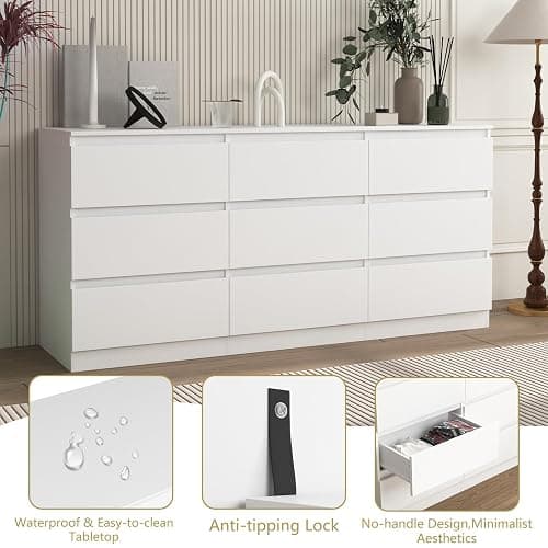 VERYKE White 9 Drawer Dresser for Bedroom,Chest of Drawers with No-Handle Design for Closet,Modern Wood Dresser Bedroom Storage Furniture thumbnail 5