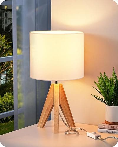EDISHINE Small Cute Table Lamp, Wood Tripod Nightstand Lamp, 14.2 Inch | ON/Off Switch, E26 Socket, Linen Fabric Shade, Mid Century Bedside Lamp for Nursery, Living Room, Bedroom, End Table - Image 1