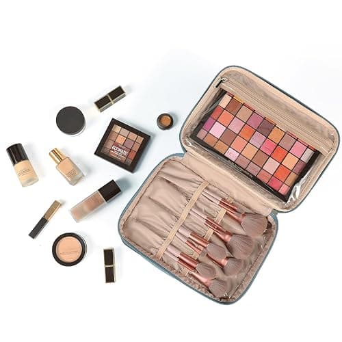NISHEL Large Double Layer Travel Makeup Bag Women, Cosmetic Case, Organizer for Travel-Size Accessories Bottles, Brushes, Conditioner, and Skin Care Products, Lake Blue thumbnail 7