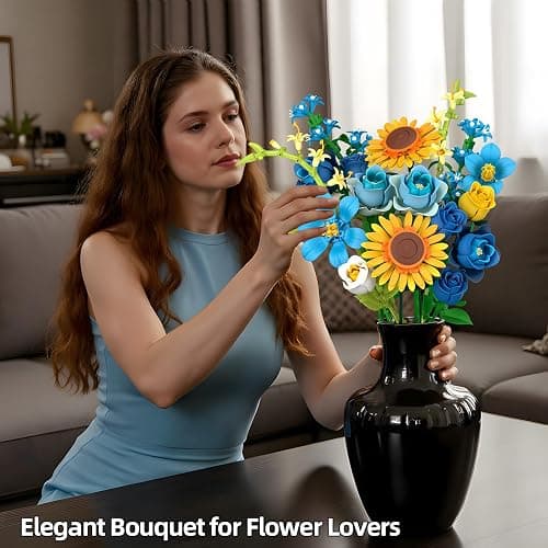 Blue Rose Flowers Valentines Gifts - Bouquet Building Set Compatible with Lego Flowers for Adults Women, Van Gogh's Starry Night and Sunflowers Style, Christmas Mother's Day Home Decor thumbnail 5