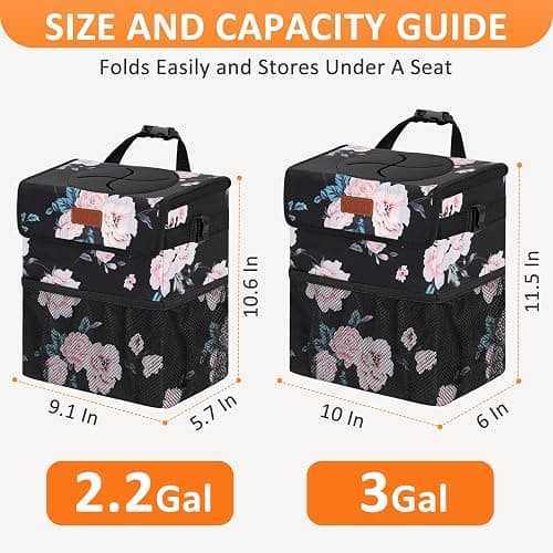 Vankor Car Trash Can with Lid Leak Proof Car Accessories for Women | 2.2 Gallon Cute Hanging Car Trash Bin for Men Car Truck Vehicle Sedan Interior Automotive Garbage Cans, Black Floral thumbnail 7