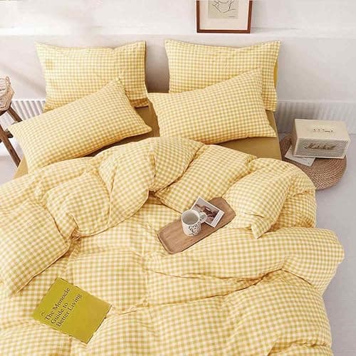 ETDIFFE Yellow Comforter Set Queen Size, 3 Piece Farmhouse Gingham Grid Bed Set - Soft and Lightweight Buffalo Checkered Plaid Microfiber Down Alternative Comforter (90x90) - Image 1