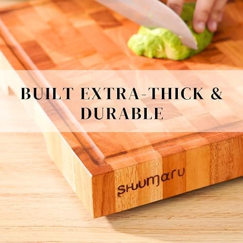 SHUMARU Mahogany End-Grain Wood Cutting Board – 16.5x12.6x1.6" Butcher Block | Handmade in Bali - Silky-Smooth, Juice Groove, Knife‑Friendly, Ergonomic Grips & Non‑Slip Feet thumbnail 4