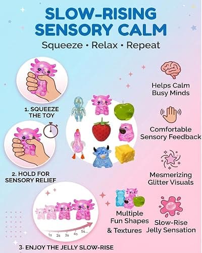 BEVLWPD 9 Pack Squishy Toys Squeeze Slow Rising Fidget Toy Sugar Filled Stress Ball Glitter Color Changing Cute Food-Shaped Highland Cow Cheese Strawberry Sugar Cube Duck Bear Crunchy thumbnail 4