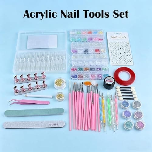 Acrylic Fake Nails Kit with Press on False Nail Tips Nail Art Brushes Nail Stand Nail Rhinestones Pearls Nail Charms Glitter Powder Sticker Nail Design Kits with Everything for Beginners Home Salon thumbnail 2