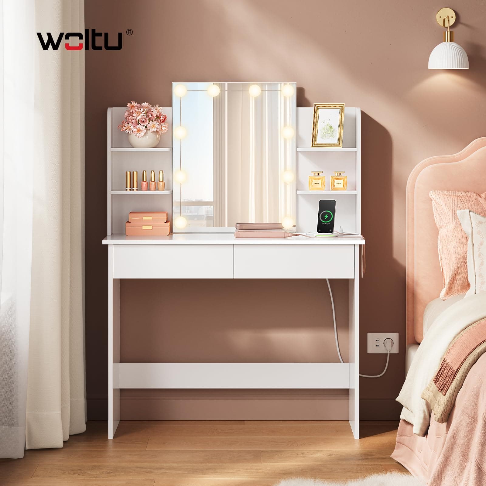 WOLTU 10-Bulb Dressing Table, LED String Light White Vanity Unit with Mirror, Power Strip, 2 Drawers, 4 Shelves, 90 x 40 x 135 cm, MB6123ws thumbnail 2
