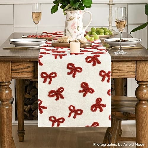 Artoid Mode Soft Coral Fleece Jacquard Red Bows Table Runner, Kitchen Dining Table Decoration for Home Party Decor 13x72 Inch thumbnail 2