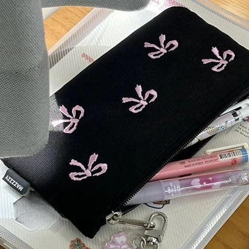 BlingKicks Black Bow Embroidery Pencil Case Pouch Organizer with Pins and Accessoriesm-Minimalist Large Capacity for Adults (Black+1 bow pendant) thumbnail 5