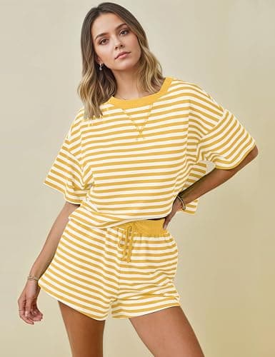 MISSACTIVER Womens Lounge 2 Piece Sets Summer Striped Matching Pajamas Set Short Sleeve Oversized T Shirts Drawstring Shorts thumbnail 4