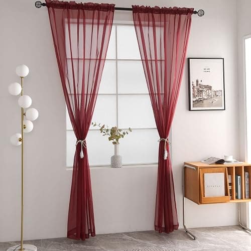 SpaceDresser Sheer Voile Window Treatment Rod Pocket Curtain Panels for Kitchen Bedroom Living Room Drapes Sunlight Filtering Privacy Semi Home Decor Assorted Colors Sizes (Burgundy, 52 W x 45 L) thumbnail 3