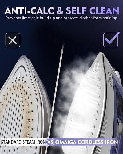 OMAIGA Cordless Iron for Clothes, 1550W 2-In-1 Cordless/Corded Steam Iron Rapid Heating, Ceramic Soleplate, 3-Way Auto-Off, Self-Cleaning, 12.85oz Water Tank Ironing Clothes for Home, Purple thumbnail 6