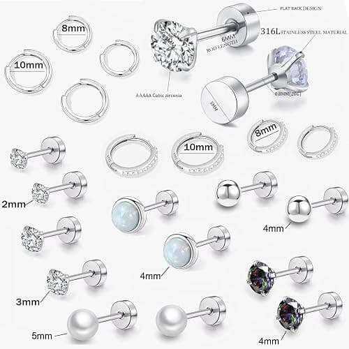 Surgical Steel Flat Back Earrings Set for Multiple Piercing Sensitive Ears,Sterling Silver Hypoallergenic Small Cartilage Huggie Hoop Earrings Titanium Tiny CZ Pearl Opal Stud Earrings for Women thumbnail 8
