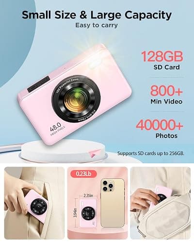 Digital Camera with 128GB SD Card Autofocus 48MP 2.7K Cameras for Photography 16X Digital Zoom Anti Shake 2 Batteries Kids Camera for Beginner Boys Girls Teens-Pink thumbnail 2