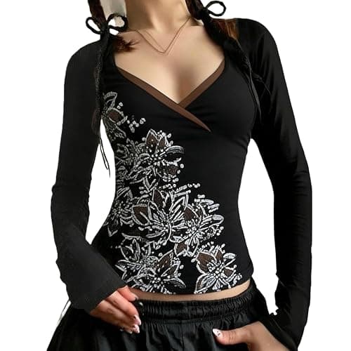 Y2k V Neck Floral Tops Women Fairy Grunge Vintage Long Sleeve Top 2000s Emo Graphic Cute Teen Girls Clothe - Image 1