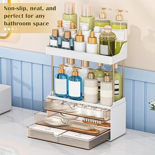 caktraie Bathroom Organizers and Storage - 3 Drawers 2 Tier Makeup Organizer, Cosmetic Storage Drawer for Dresser Countertop and Bathroom Vanity for Large Skincare, Perfume, Amber thumbnail 4