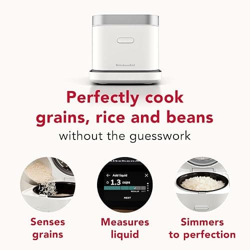 KitchenAid Compact 8 Cup Grain and Rice Cooker, Integrated Scale, KGC2154PL | Precise Pour Technology, Integrated Scale, 16 Presets, Steam cooking basket, Easy to Clean, Porcelain White thumbnail 3