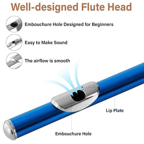 Mendini By Cecilio Flute, 16 Keys Closed Hole C Flute Instrument For Beginners with Carrying Case, Cork Grease, Stand, Lesson Book, Cleaning Kit, Gloves (Blue) thumbnail 3