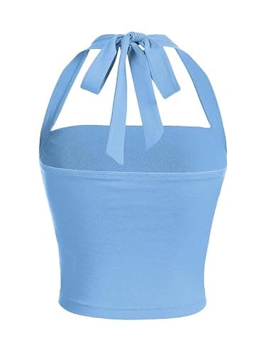 SOLY HUX Women's Ruched Halter Y2K Crop Tops Tie Back Sleeveless Slim Fit Cami Tops - X-Small - Solid Blue thumbnail 2