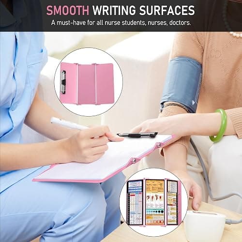Nursing Clipboard Foldable, Foldable Clip Board w/Nursing Edition Cheat Charts, 3 Layers Aluminum, Nurse Plank w/Low Profile Clip&Pen Clip Pocket for Students, Nurses and Doctors, Pink thumbnail 6