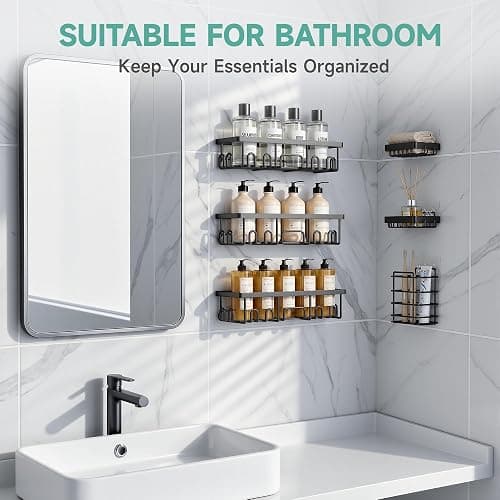 Veken Shower Caddy 6-Pack, Bathroom Organizers and Storage Shelves, Black | Advanced Rustproof Design, Large Capacity, No Drilling, Adhesive Rack with Soap Holder, Wall-Mounted Kitchen & Home Decor thumbnail 5