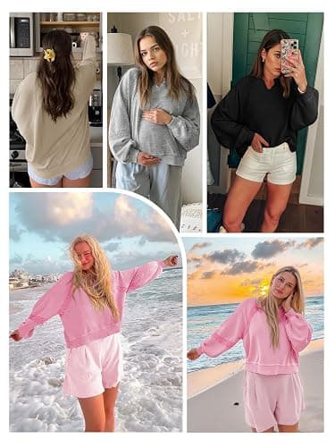 Fisoew Womens Oversized Sweatshirt Casual V Neck Lace Lantern Long Sleeve Cropped Loose Fit Fall Pullover Tops thumbnail 6