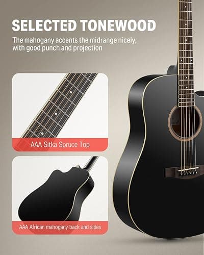Donner Black Acoustic Guitar for Beginners, Adult, Teens, Starter Kits - Full Size 41'' Steel-String Acustica Guitarra Bundle Set with Free Online Lesson, Gig Bag, Strap, Tuner, Cutaway, DAG-1CB thumbnail 3