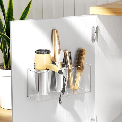NIUBEE Hair Tool Organizer Wall Mount, Hair Dryer Holder for Bathroom,Clear | Acrylic Hair Organizer Storage Countertop, Blow Dryer Holder, Hot Tools Organizer for Curling Iron, Brush, 2 Stainless Cups thumbnail 2