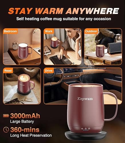 Kepwam Self Heating Coffee Mug T2, 16oz Smart Heated Coffee Mug, 150 Min Battery Life - Hot up to 149℉ Temperature Control Coffee Mug Warmer, Gifts for Dad Mom (No APP) thumbnail 4