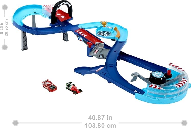 Mattel Disney and Pixar Cars Playset with 2 Toy Cars, Lightning McQueen & Francesco Bernoulli, GRC Jumping Raceway Track Set with Kid-Powered Booster thumbnail 3