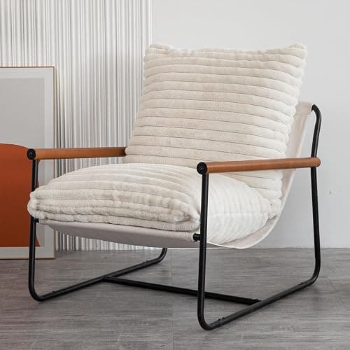 MAXYOYO Accent Chair, Sherpa Arm Chair for Living Room, Mid Century Modern Accent Chairs, Boucle Reading Bedroom Chair, Teddy Armchair, Wooden Arms Metal Frame - White - Image 1