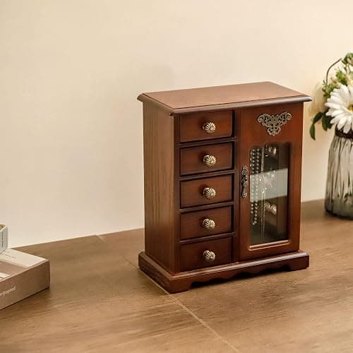 Kendal Wooden Jewelry Box for Women, Solid Jewelry Organizer With 5 Drawer, Jewelry Holder Organizer, Wood Jewelry Case with Butterfly Pattern & Mirror for Necklaces, Earring, Rings (Brown with 5 drawer) thumbnail 7