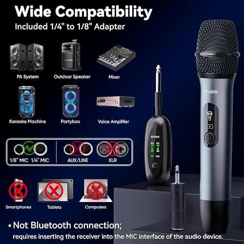 AFUOO Wireless Microphone Set for Singing, Speeches & Events, 2.4GHz Dual-Mic Receiver, 200ft, Storage Bag Included, Metal Cordless Mic 2 Pack for Karaoke Machines, PA Systems, PartyBox, Gray-Blue thumbnail 8