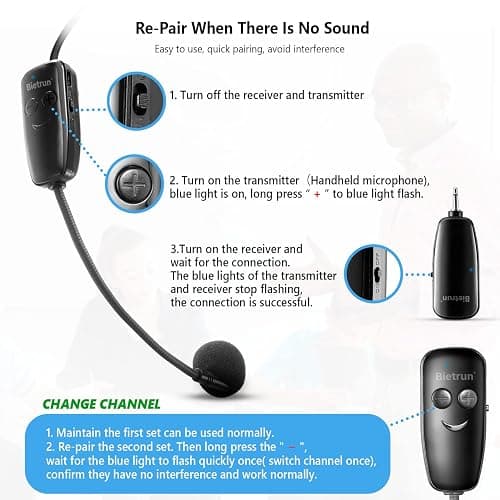 Bietrun Wireless Microphone Headset, UHF Wireless Headset Mic System, 160ft Range,1/8'' and 1/4'' Plug, for Speakers, Voice Amplifier, PA System(Not Supported AUX/iOS) thumbnail 6