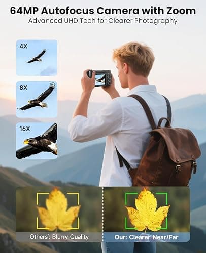 4K Digital Camera for Photography, WiFi Autofocus 64MP Vlogging Camera for YouTube, 180° 3" Flip Screen 30FPS Video Cameras with Flash Anti-Shake 16X Zoom 32GB Card, Compact Travel Digital Camera thumbnail 4