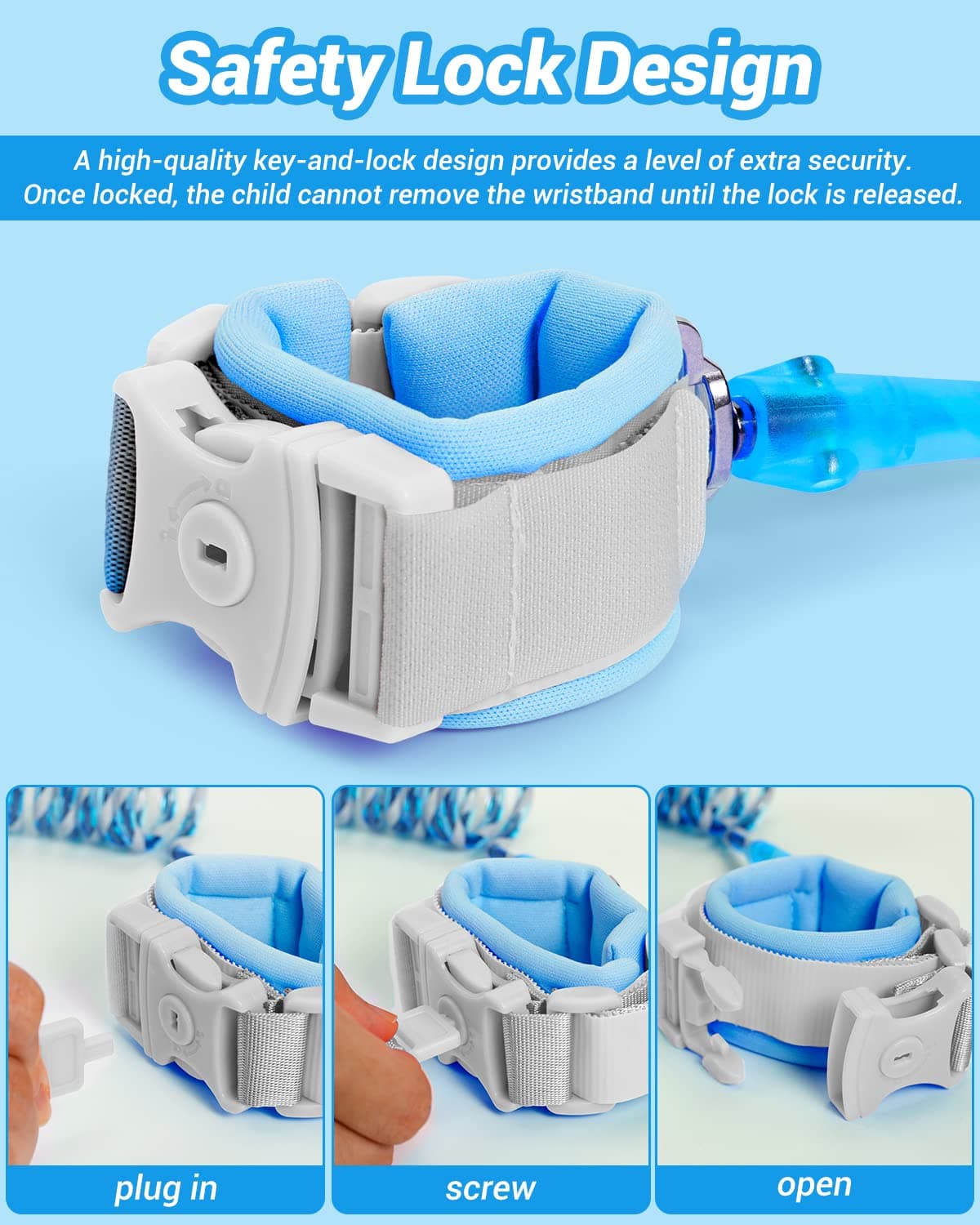 Dr.meter Kids Leash for Toddler, Reflective Anti Lost Wrist Link with Key & Lock, 8.2ft Safety Wristband Child Walking Harness for Supermarket Mall Airport Amusement Park Zoo Travel, Blue thumbnail 3