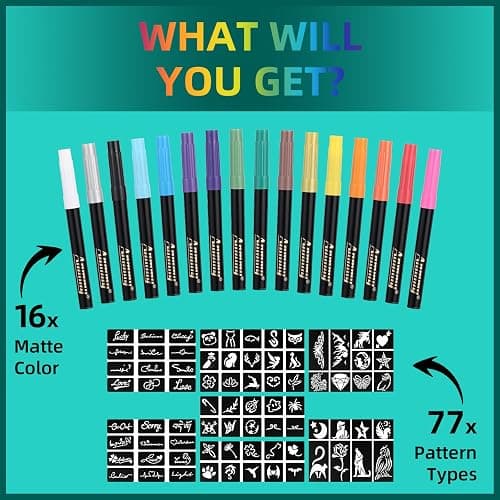 Anmmy Temporary Tattoo Markers for Skin, 16-Count Body Markers+77 Large Tattoo Stencils of Assorted Colors for kids and Adults, Flexible Brush Tip, Bright colors, Skin-Safe*, Cosmetic-Grade. thumbnail 6
