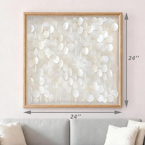 Bergamot 3D Handmade 24"x24" Capiz Shell Wall Hanging Decor, Solid Wooden Framed Coastal Wall Decor, Minimalist White Sea Shell Art for Living Room, Bedroom, Office thumbnail 2