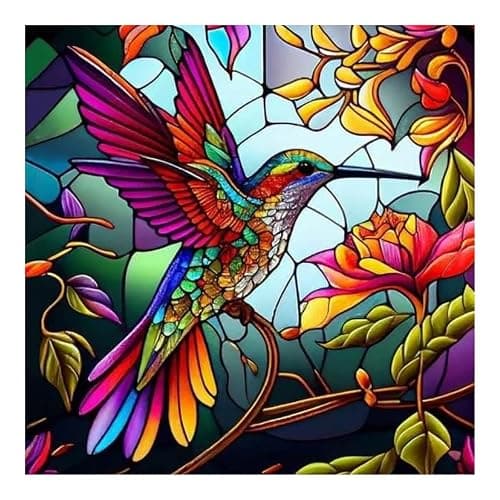 SJUTOUCI Hummingbird Diamond Painting Kits for Adults, Stained Glass Diamond Art Painting Kits, 5D Round Diamond Beads Art Craft for Home Decor Gift 11.8x11.8inch/30x30cm - Image 1