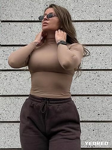 YEOREO Long Sleeve Workout Crop Mock Thermal Turtle Neck Double Lined Base Tops Shirts Women Sariah Y2k Undershirt thumbnail 2