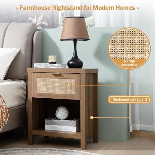 SICOTAS Rattan Nightstands Set of 2 - Farmhouse Night Stand with Drawer and Storage Shelf - Boho Bedside Table End Side Table for Bedroom, Oak thumbnail 7