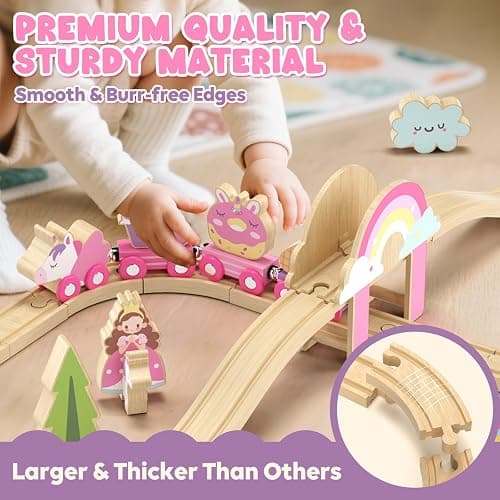 Lehoo Castle Wooden Train Set - Unicorn Train Set for Toddlers 2-4, Wooden Train Track Toddler Girl Toys, Pink Train Fantasy Toys for 3 4 5 6 7 Year Old Girl thumbnail 3