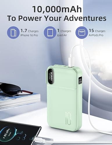 RORRY Portable Charger Built in Cables, AC Wall Plug In Portable Charger Power Bank 10000mAh Travel Battery Pack 22.5W Fast Charging for iPhone 17/16/15 Samsung Galaxy S24/S23/S22 Pixel LG iPad, Green thumbnail 4